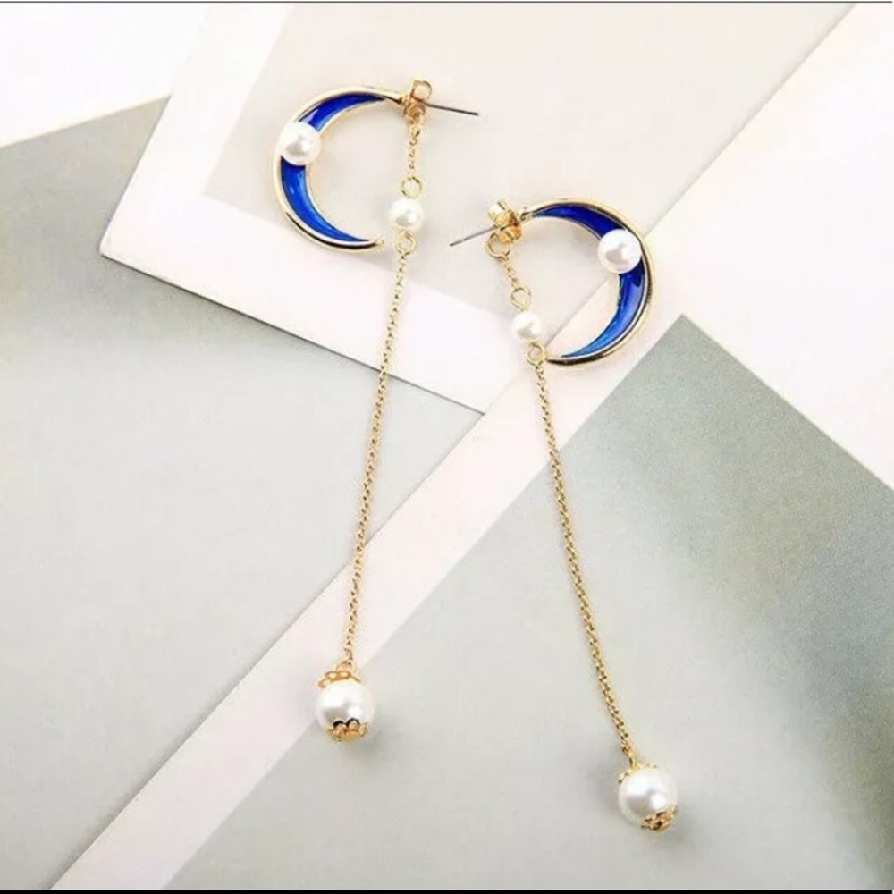 Blue Enamel Moon Earrings